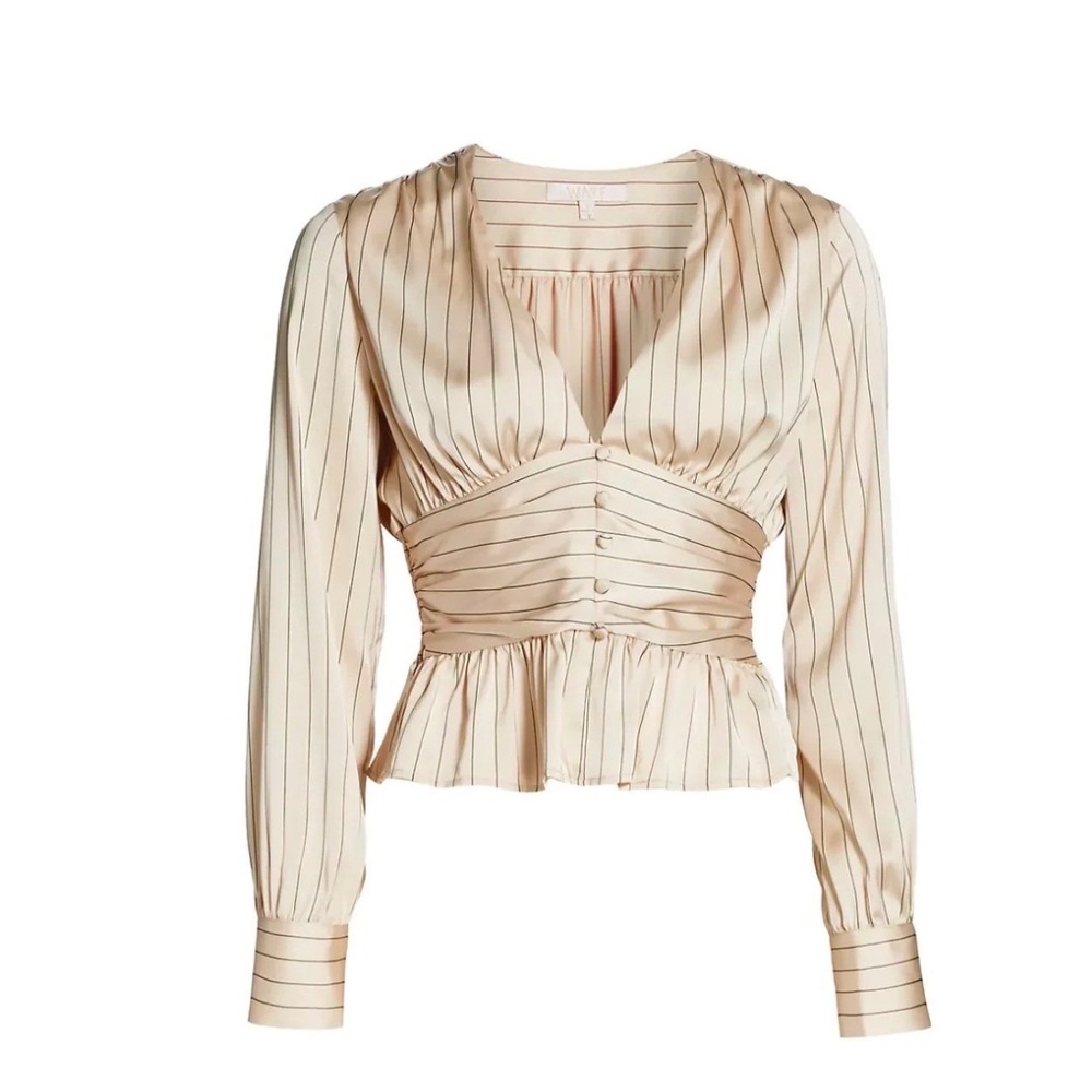 WAYF Leyden Striped Fitted-WaistTop Beige Size Large Champagne V-Neck